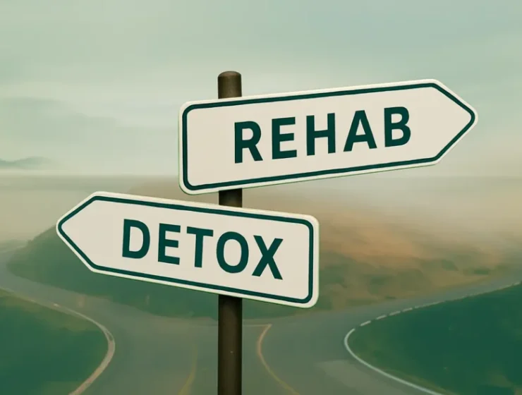 Road signs pointing to “Rehab” and “Detox” at a crossroads, symbolizing treatment options at Wellbrook Recovery.