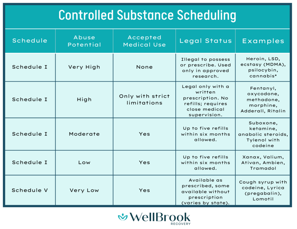 chart of the five drug schedules, their legal status, abuse potential, accepted medical use, and examples of each schedule category