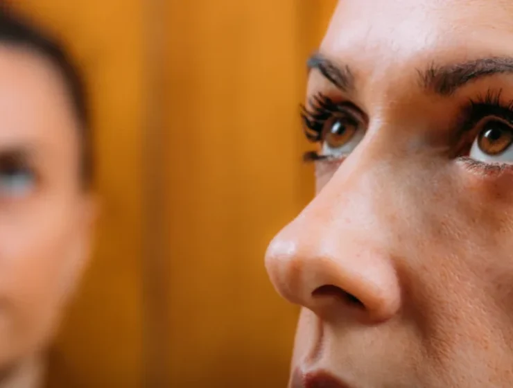 Focused view of a woman’s eye movement in an EMDR for addiction treatment session.
