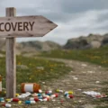 Wooden “RECOVERY” sign with spilled pills illustrating the stages of addiction recovery journey.