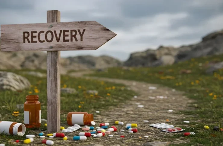 Wooden “RECOVERY” sign with spilled pills illustrating the stages of addiction recovery journey.