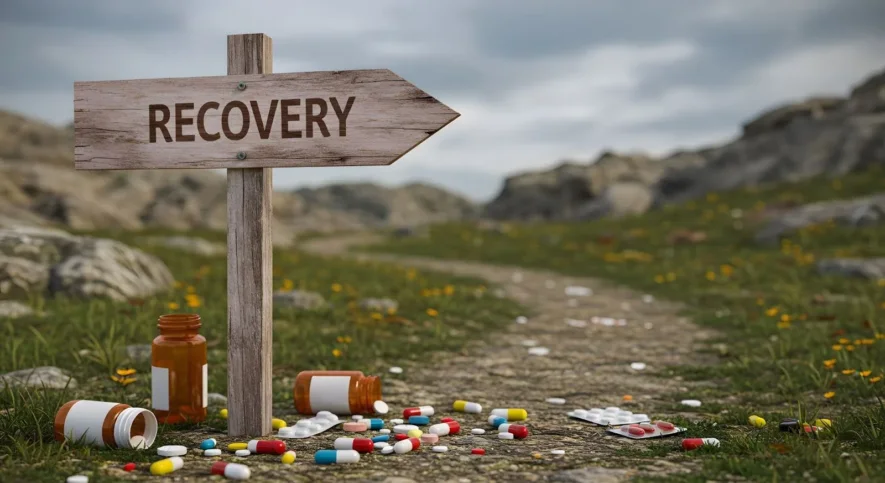 Wooden “RECOVERY” sign with spilled pills illustrating the stages of addiction recovery journey.