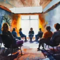 Painting of a group seated in a circle, providing support for families of addicts