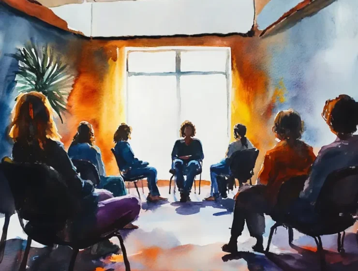 Painting of a group seated in a circle, providing support for families of addicts