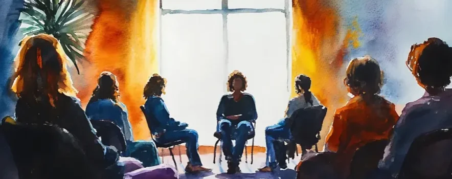 Painting of a group seated in a circle, providing support for families of addicts