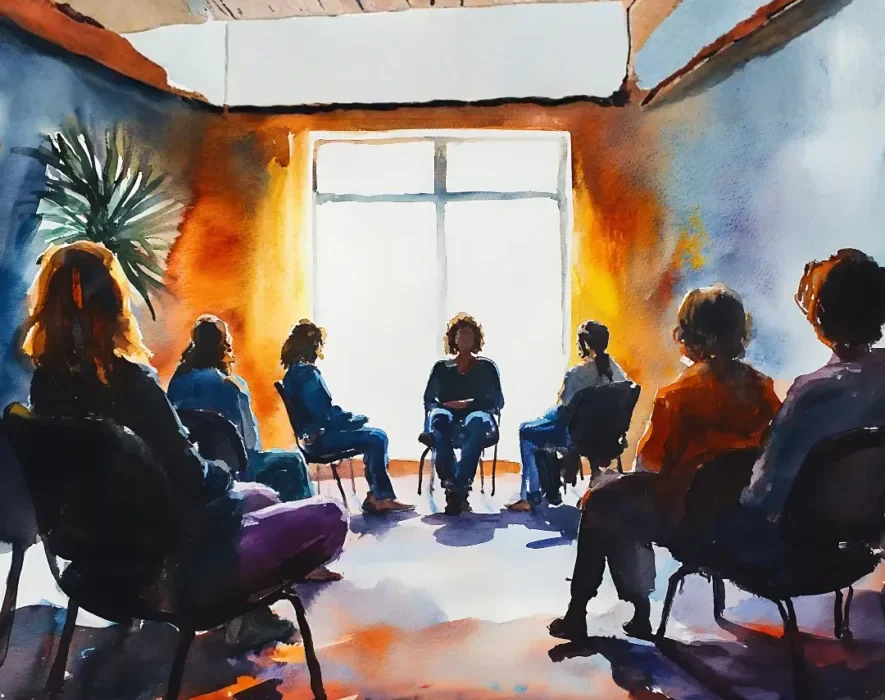 Painting of a group seated in a circle, providing support for families of addicts
