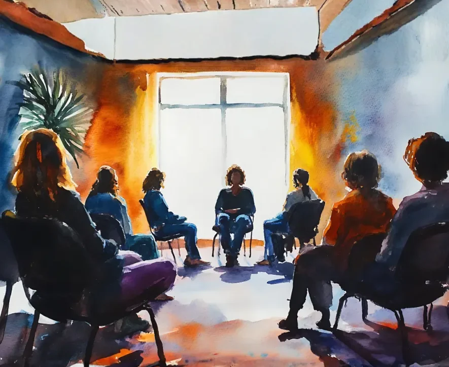 Painting of a group seated in a circle, providing support for families of addicts