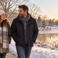 Two adults walking together beside a snowy park path in soft winter sunlight