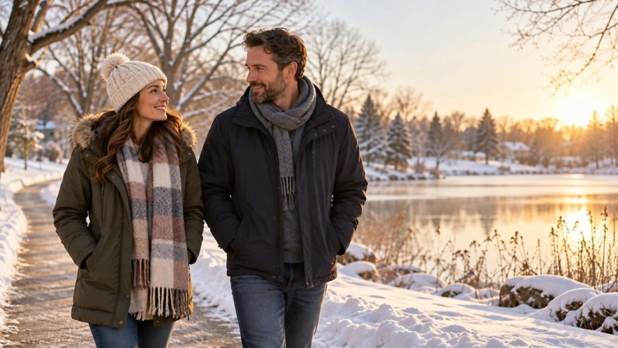 Two adults walking together beside a snowy park path in soft winter sunlight