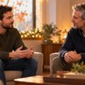 Two adult men having a supportive conversation in a warmly lit room with subtle holiday lights