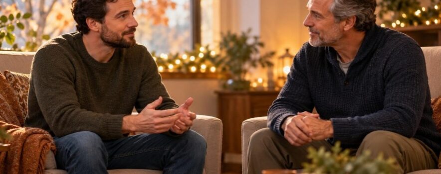 Two adult men having a supportive conversation in a warmly lit room with subtle holiday lights