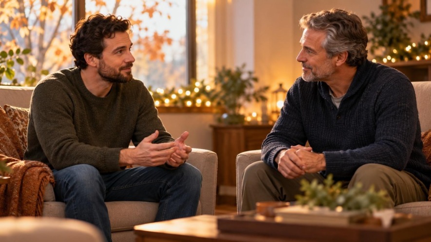 Two adult men having a supportive conversation in a warmly lit room with subtle holiday lights