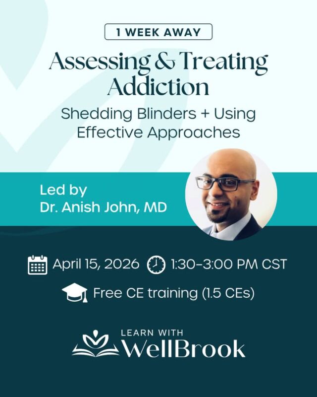 We're one week away! Join us on April 15, 2026, for a free virtual CE presentation with Dr. Anish John, MD, Medical Director at Positive Sobriety Institute:

Assessing and Treating Addiction: Shedding Blinders and Utilizing Effective Approaches

This 1.5 CE credit presentation will explore some of the most important questions clinicians and professionals face when working with substance use and co-occurring mental health conditions, including:
• How addiction develops
• Why substances can become more reinforcing than natural rewards
• What effective treatment really requires
• How to support long-term recovery with informed, evidence-based care

Dr. John brings deep expertise in addiction psychiatry and addiction medicine, with experience spanning patient care, teaching, and research.

Event details:
April 15, 2026
1:30–3:00 PM CST
Virtual
Free with pre-registration

If you have been meaning to register, this is a great time to save your spot.

#WellBrookRecovery #ContinuingEducation #CECredits #AddictionTreatment #BehavioralHealth #MentalHealthProfessionals #SubstanceUseDisorder #RecoverySupport #AddictionMedicine #ClinicalEducation